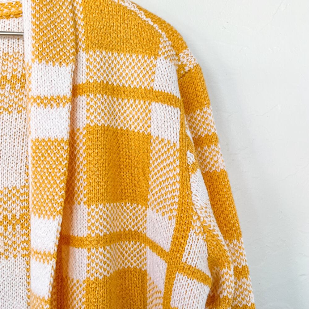Salon Studio Yellow White Plaid Longline Cardigan Medium Cozy Open Front - Picture 5 of 6